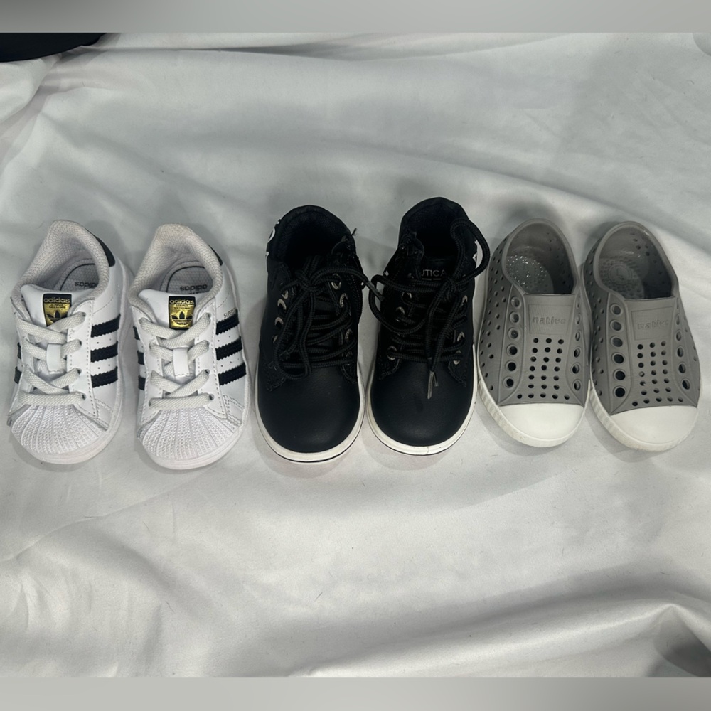 Bundle of size 5 toddler sneakers Adidas Originals, Nautical boots and Native